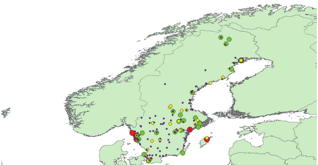 Punktutsläpp av koldioxid från fossila källor 2016 (kiloton) >500 100 500 50 100 10 50 Figur 3. Svenska punktutsläpp över 10 000 ton koldioxid från fossila källor 2016.