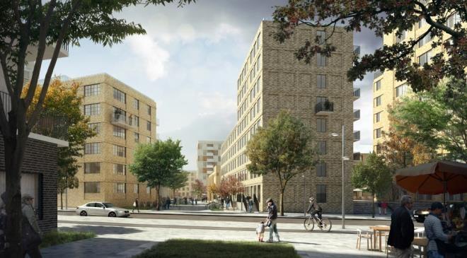 I kvarter C möjliggörs en förskola med fyra avdelningar. Gården placeras mot parken med ekar. Förskolegårdens yta är på ca 1000 kvm. Vy från nordost med entréparken mellan kvarter A och B.