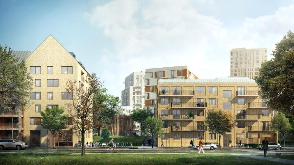 (AIX Arkitekter) Variation skapas mot Älvsjövägen genom byggnadernas olika höjd, skillnader i fasadliv mot gata och med inslag av gavelmotiv mot gata.