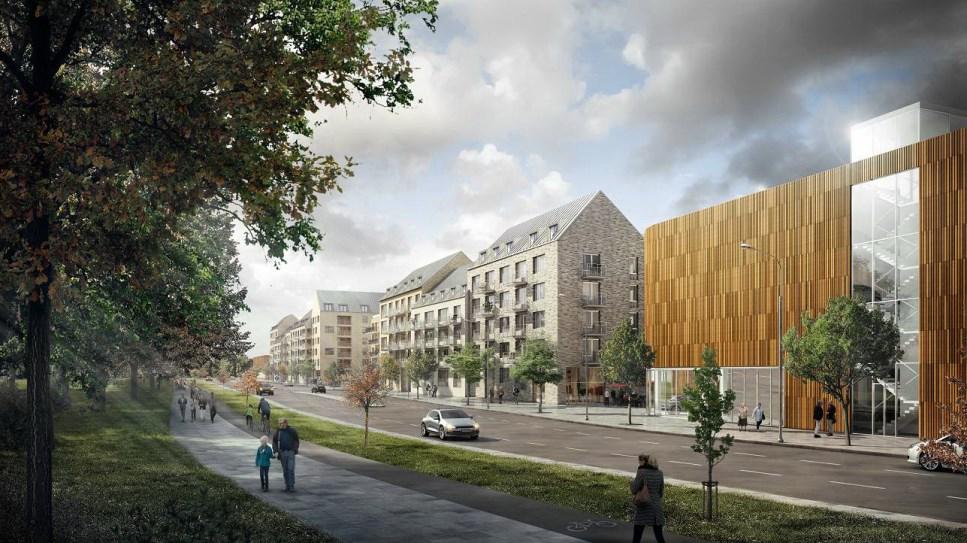 eller besöksanläggning ska finnas i hela bottenvåningen mot Älvsjövägen. Vy från söder med Älvsjövägen och parkeringshus till höger. Parkeringshus föreslås få fasad med modernt skärmtegel.