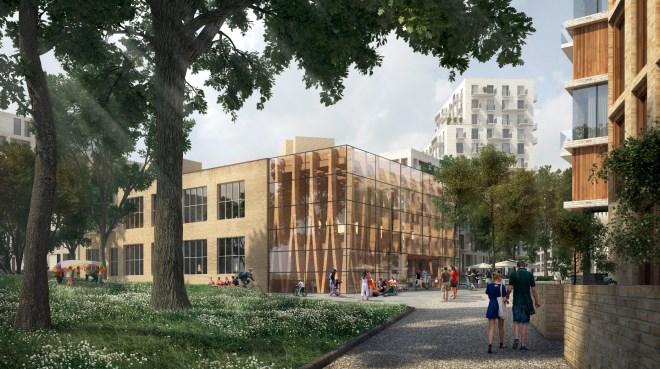 Vy från söder med Kraftcentralens hus och möjlig utbyggnad samt del av det nya stråket. Ekbacken blir en ny allmänt tillgänglig park.