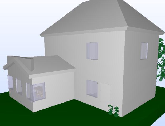 OPTIMERAD SAMGRANSKNING Figur 3.7. Väggen står upp genom taket, fönstren har korsat varandra och det tar dessutom lång tid att importera om utemiljön exporteras med i modellen.