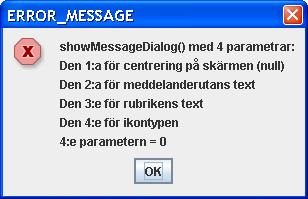 Programmet SwingOutput skickar inte bara text till meddelanderutor, utan kan även bestämma rutans rubrik och ikon, vilket vi inte hade en chans till i den första Swing-varianten.