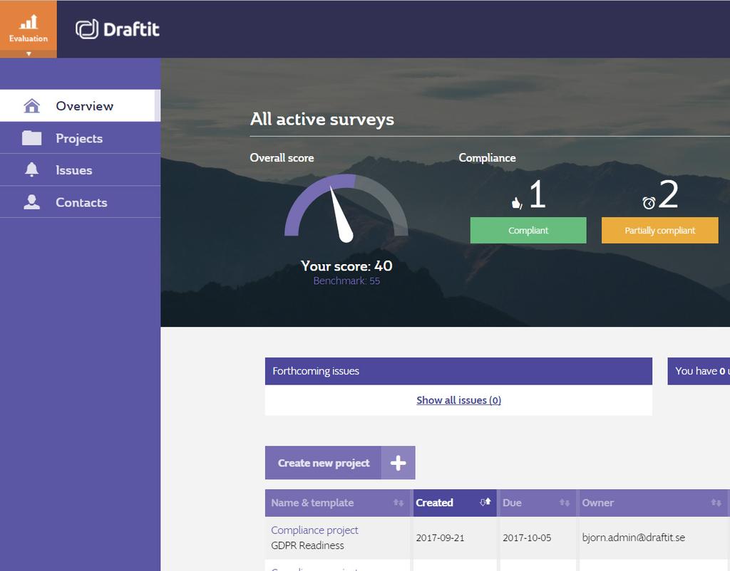 Funktioner i GDPR Evaluation Kartläggning & utvärdering Det första momentet i Draftit Evaluation är att du eller ansvariga inom organisationen svarar på ett antal tematiserade frågor.