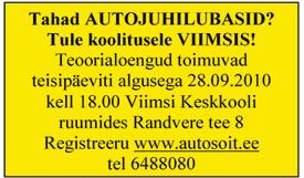 18 24. september 2010 Õpetaja üürib 1-toalise korteri Viimsis. Kiire! Tel 53 424 979. Pikaajalise kogemusega (sh auditeerimiskogemusega) raamatupidaja pakub raamatupidamisteenust.