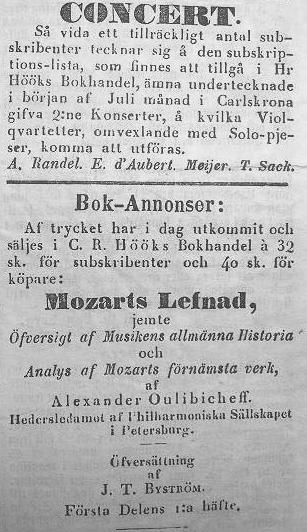 31 Första preliminära meddelandet om de kommande konserterna i Carlskrona kom i Carlskrona Weckoblad 15 juni 1850. Samtidigt kom då också mycket lägligt upplysning om att Johan T.
