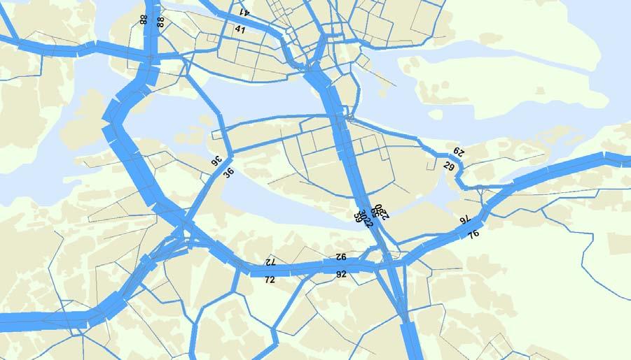 Figur 3-6 Trafikflöden, tusental, vardagsmedeldygn 2006, Sampers Tabell 3-17 Jämförelse Uppmätt 2005, Uppmätt 2006, Sampers 05 och Sampers 06 Södra länken, mätpunkt Uppmätt 05 Uppmätt 06 Sampers 05