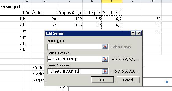 3:3 Skriv därefter in de cellreferenser som representerar värdena på x- respektive y-axeln i fälten X-values och Y-values.