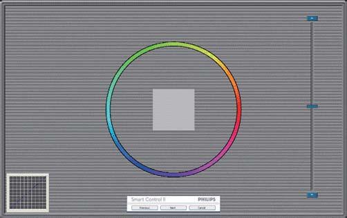 3. Bildoptimering Första färgkalibrerinsgfönstret: Knappen Previous (Föregående) är inaktiverad tills det andra färgfönstret visas. Next (Nästa) går vidare till följande mål (sex mål).