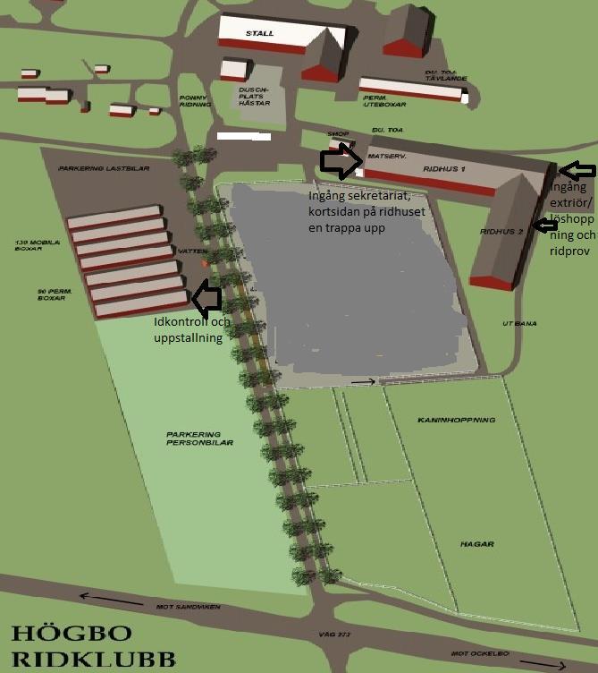 Karta över anläggningen: Löshoppning och exteriörbedömning i ridhus 1 Ridprov i ridhus 2.