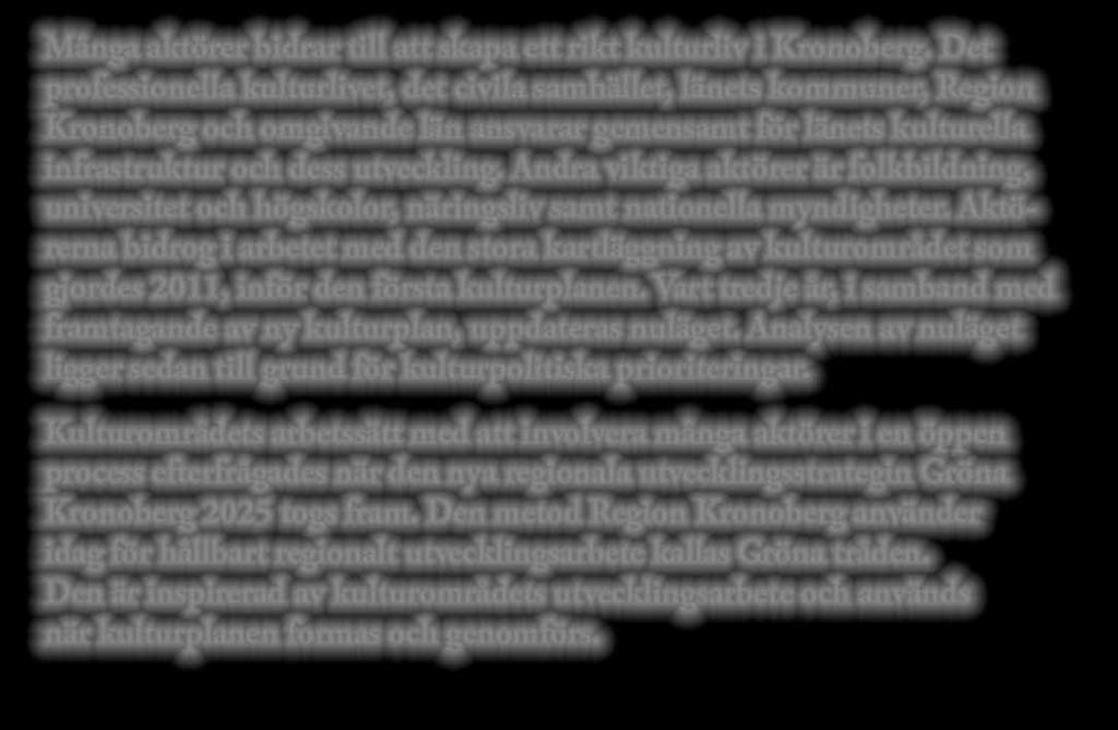 se SÅ FORMAS OCH GENOMFÖRS KULTURPLANEN Många aktörer bidrar till att skapa ett rikt kulturliv i Kronoberg.