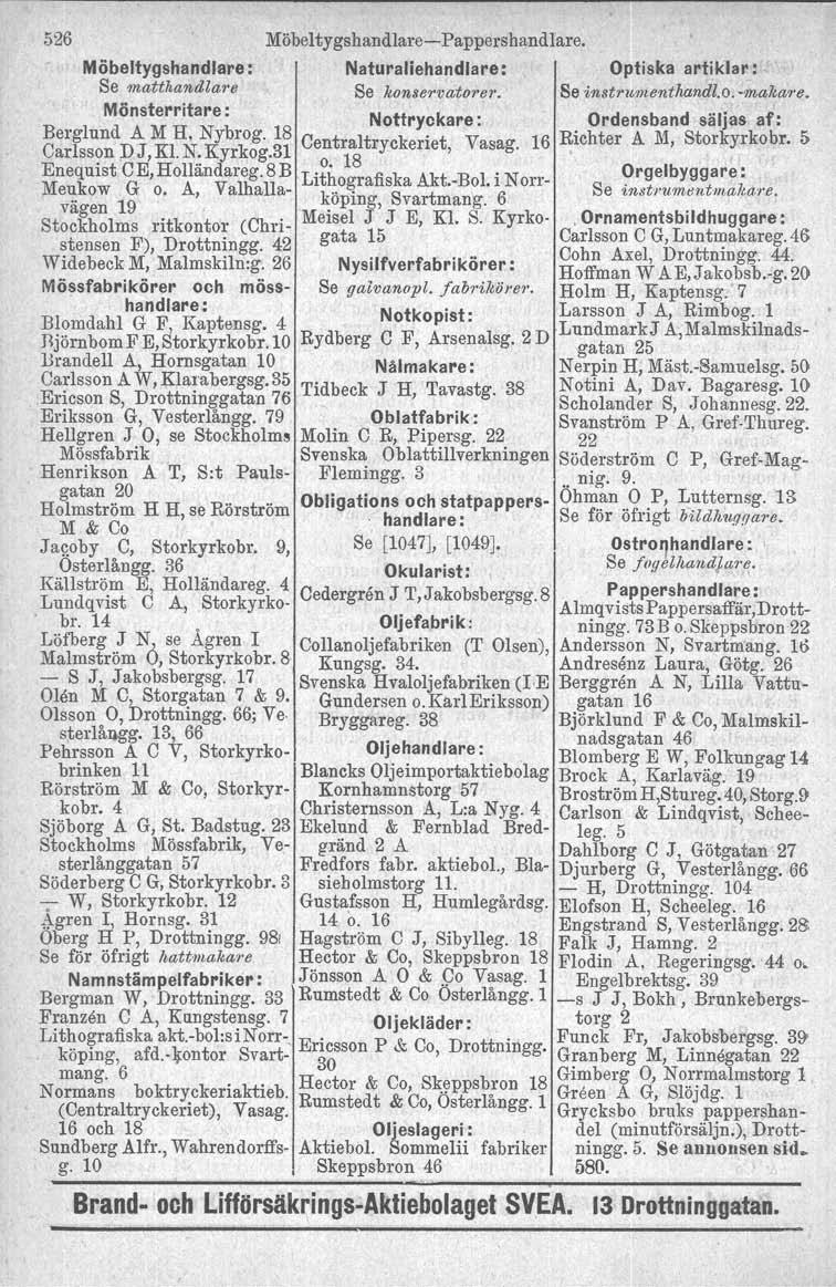 526 Möbeltygshandlare-Pappershandlare. Möbeltygshandlare : Naturaliehandlare: Optiska artiklar: Se matthasuilare Se konservatorer. Se inetruoienthandl.