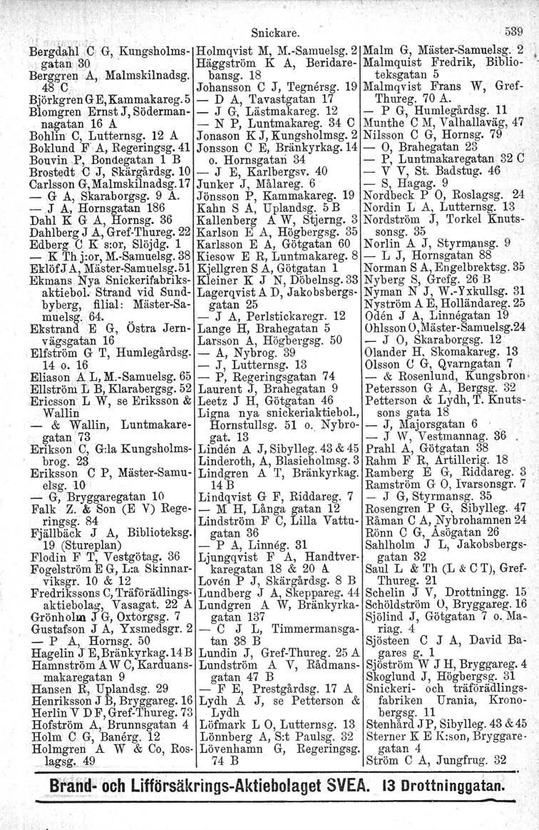 Snickare. 539 n 'l ~ > Bergdll,.hl':e G, Kungsholms- Holmqvist M, M.-Samuelsg.2 Malm G, Mäster-Samuelsg. 2 gatan 30' Häggström K A, Beridare- Malmquist Fredrik, Biblio- Berggi'en.A, Malmskilnadsg.