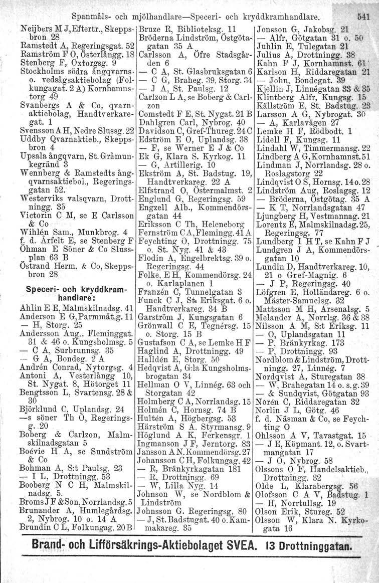 Spanmåls- och mjölhandlare-speceri- och kryddkramhandlare, 541 Neijbers M J,Eftertr., Skepps-] Bruze R, Biblioteksg.. 11 Jonsson G, Jakobsg.