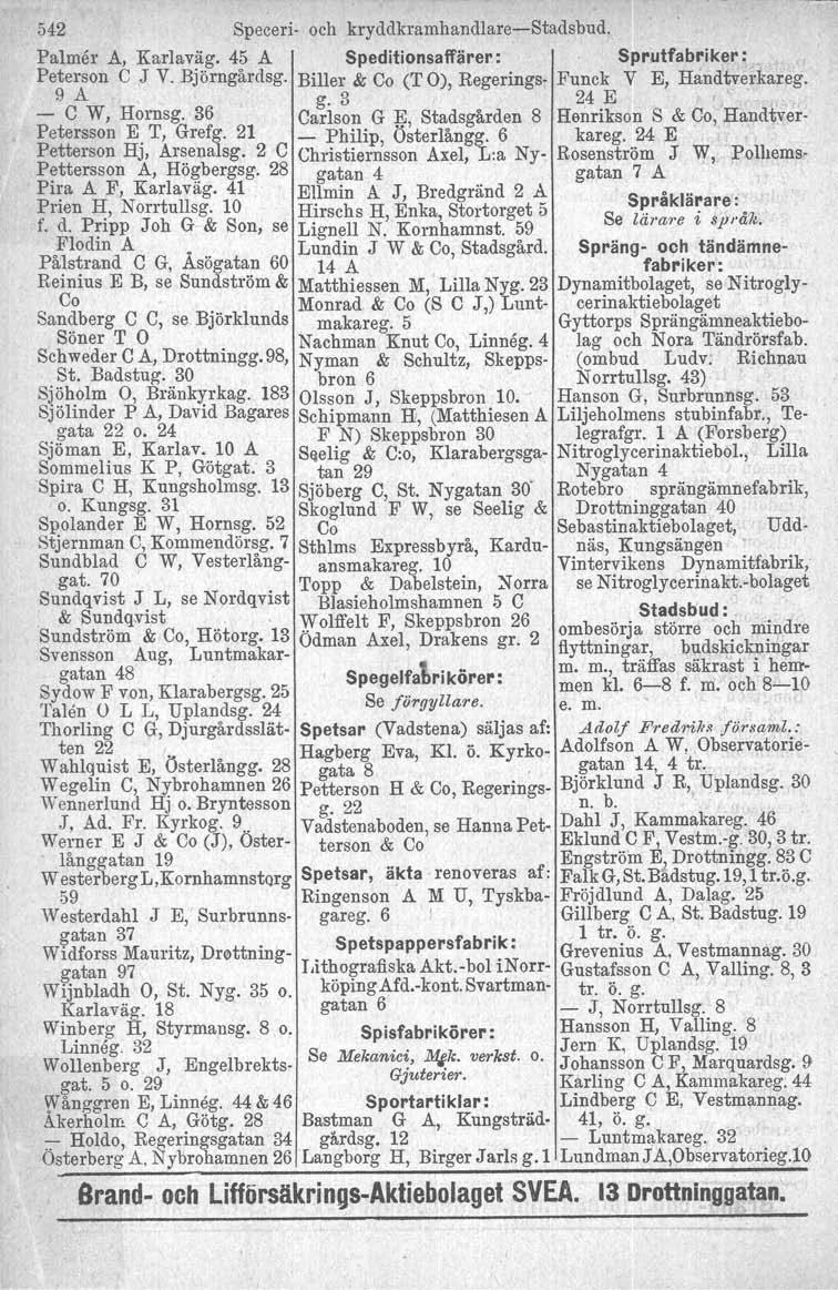 542 Speceri- och kryddkramhandlare-stadsbud. Palmer A, Karlaväg. 45 A Speditionsalfärer: Sprutfabriker :. Peterson C J V. Björngårdag. Biller & Co (T O), Regerings- Funck V E, Handtvei kareg. 9 A g.