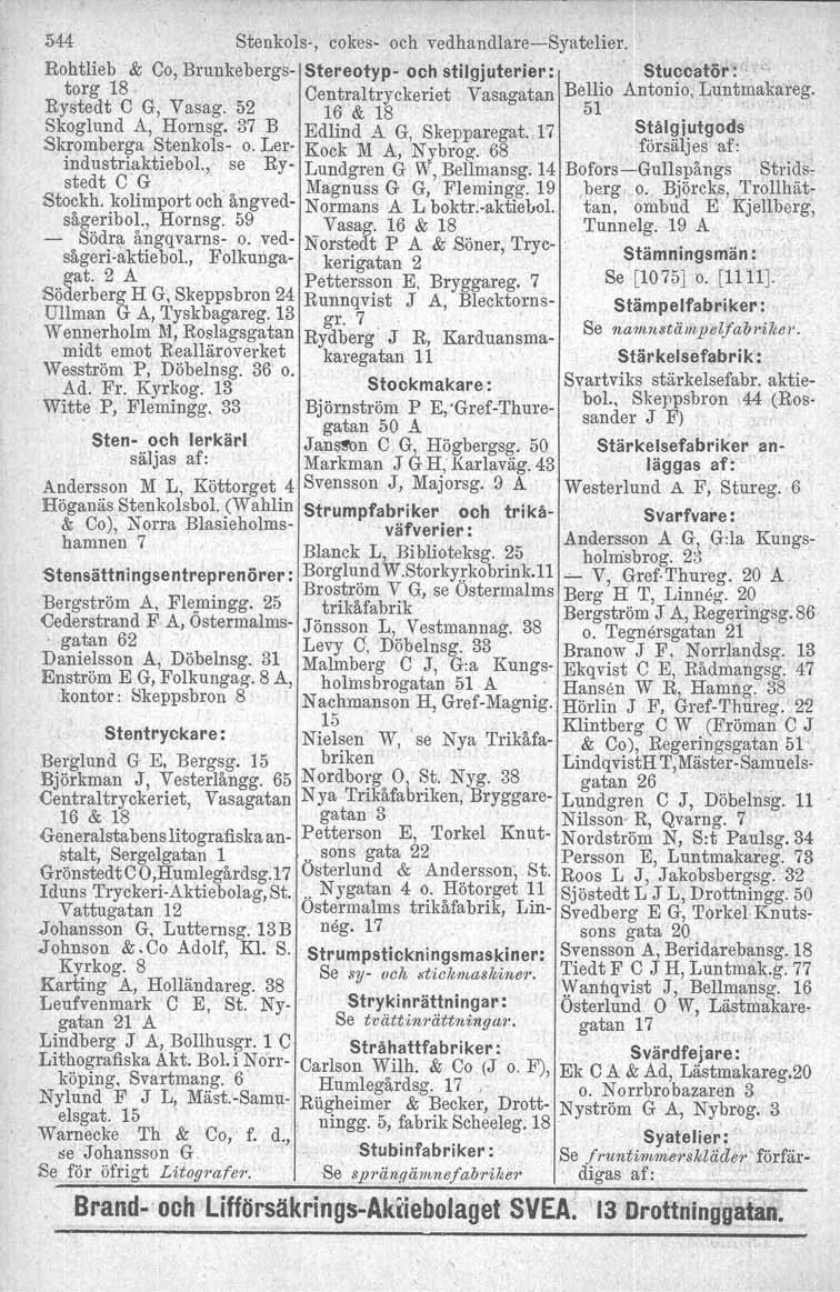 M4 Stenkols-, cokes- och vedhandlare-syatelier. Rohtlieb & Co, Brunkebergs- Stereotyp- och stilgjuterier:.' Stucoatör :, torg 18 Centraltryckeriet Vasagatan Bellio Antonio, Luntmakareg.
