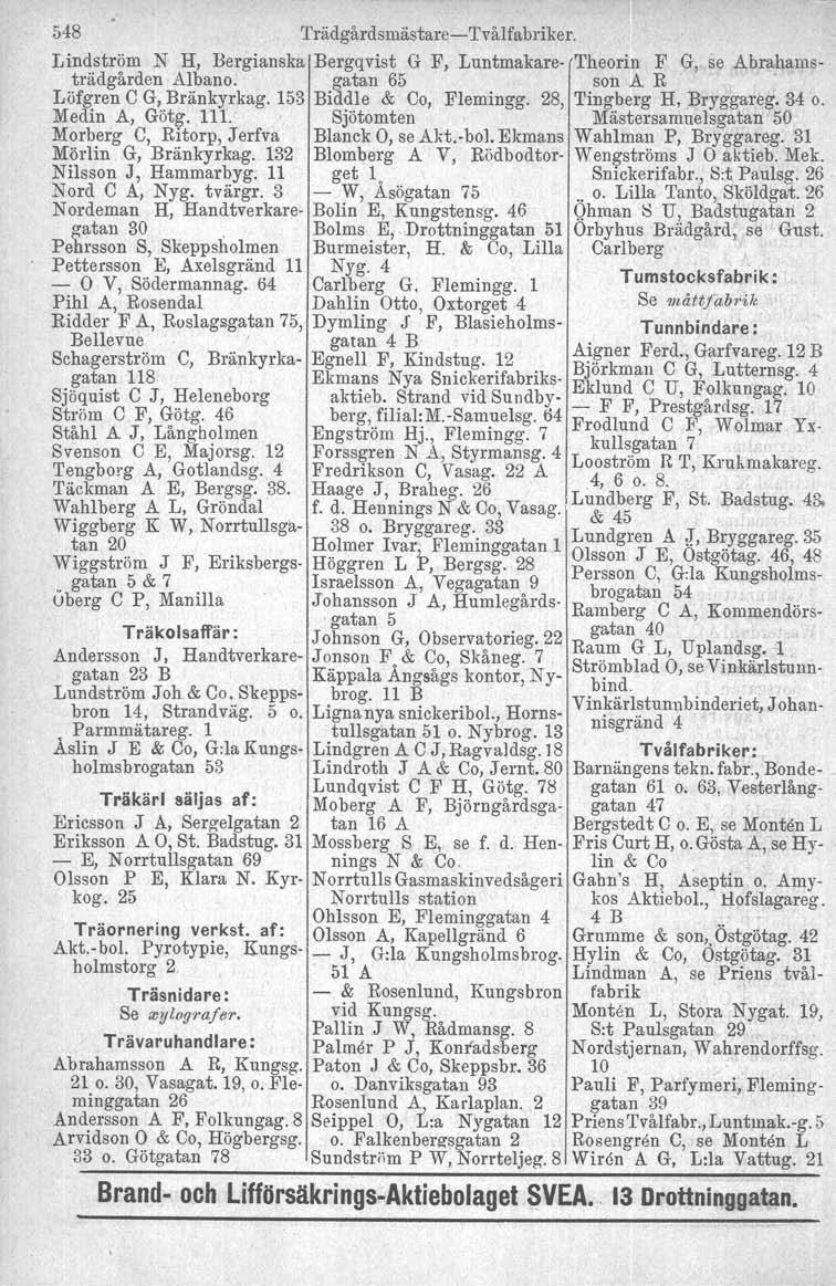 548 Trädgårdsmästare- Tvålfabriker. Lindström N H, Bergianska Bergqvist G F, Luntmakare- Theorin F G, se Abrahamsträdgården Albano. gatan 65 son A R Löfgren C G, Bränkyrkag. 153 Biddle & Co, Flemingg.