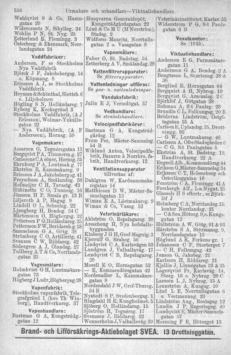 550 Urmakare och urhandlare->- Viktualiehandlare. Wahlqvist S & Co, Hamn- lhusqvarna. G~neraldepot, Ve~erinäl:~nstitutet, Karlav.