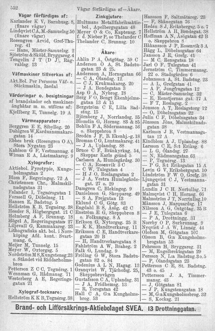 552 Vågar förfärdigas af-åkare. T Vågar förfärdigas af: Zinkgjutare:.. IHansson of, Saltmätareg. 23 Karlander K V, Barnhusg, 8, Hultmans Metallfabriksaktie- - ~, S~aneg'a~an 76 (finare vågar) bol.
