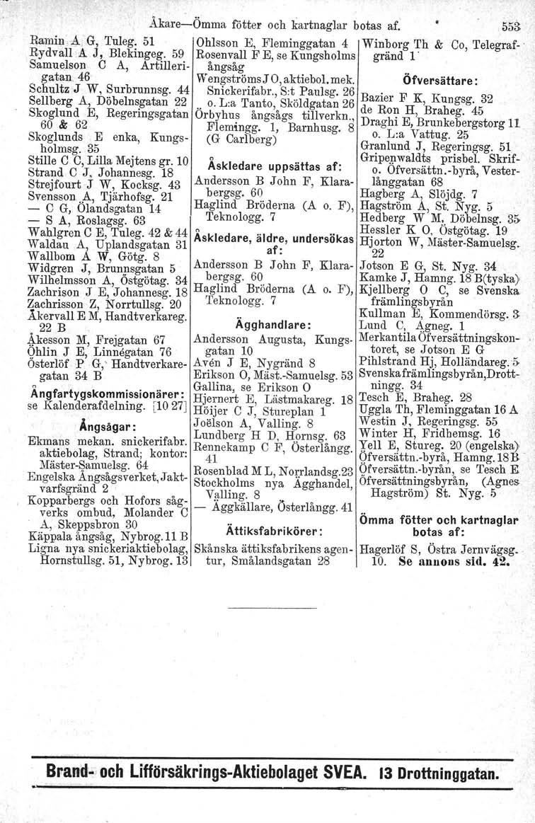 Akare-Ömma fötter och kartnaglar botas af. 553 Ramin A G, Tuleg: 51 Ohlsson E, Fleminggatan 4 Winborg Th & Co, Telegraf- Rydvall A J, Blekingcg. 59.