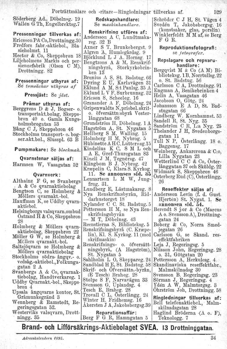 I. ' och -ritare-ringledninglj'r tillverkas af.. 529 Söderberg Ad.; Döbelnsg, 19 Redskapshandlare: Schr~der C J H, St. Vägen 4 Wall en G Th, Engelbrektsg.7 Se maskinhafndla1'b. Sveden T, Jakobsbergsg.