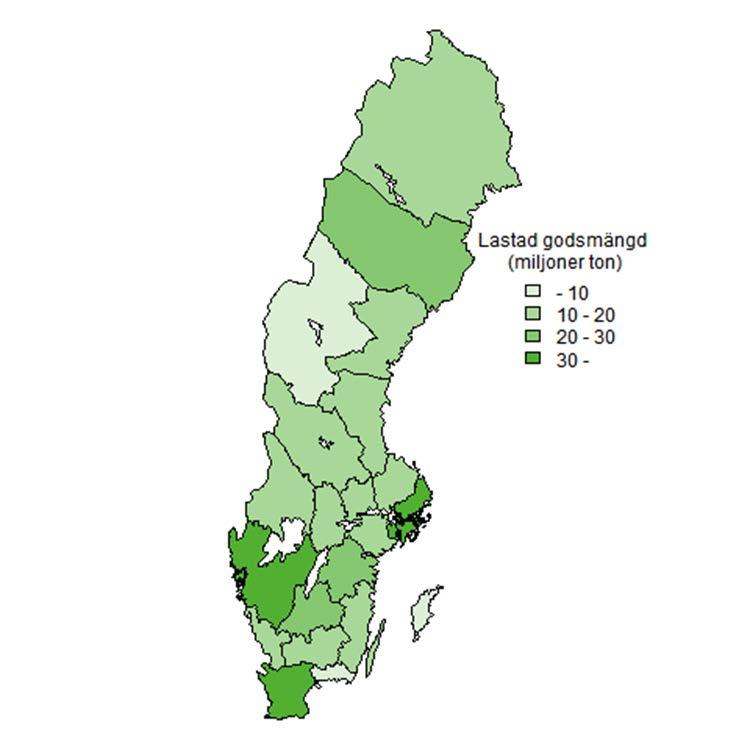 Figur 1.11 Lastad godsmängd (miljoner ton) efter län, år 2016. Källa: Tabell 6A i Tabellbilagan. Lastade och lossade godsmängder i respektive län ligger på samma nivåer som föregående år.