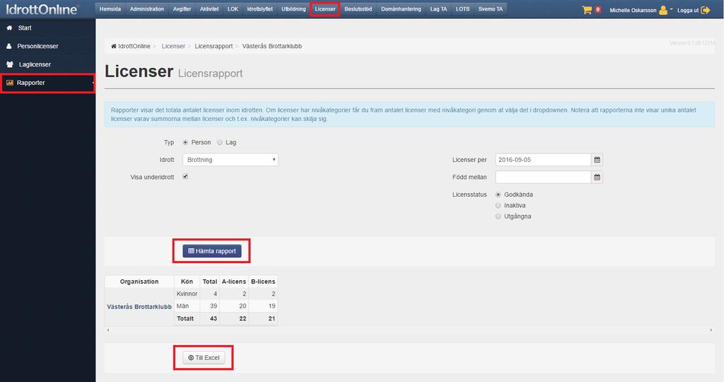 Licensrapporter Under Rapporter i vänstermenyn i licensmodulen kan även olika typer av listor och rapporter laddas hem. Man kan filtrera på datumperiod, ålder och godkända/inaktiva/utgångna licenser.