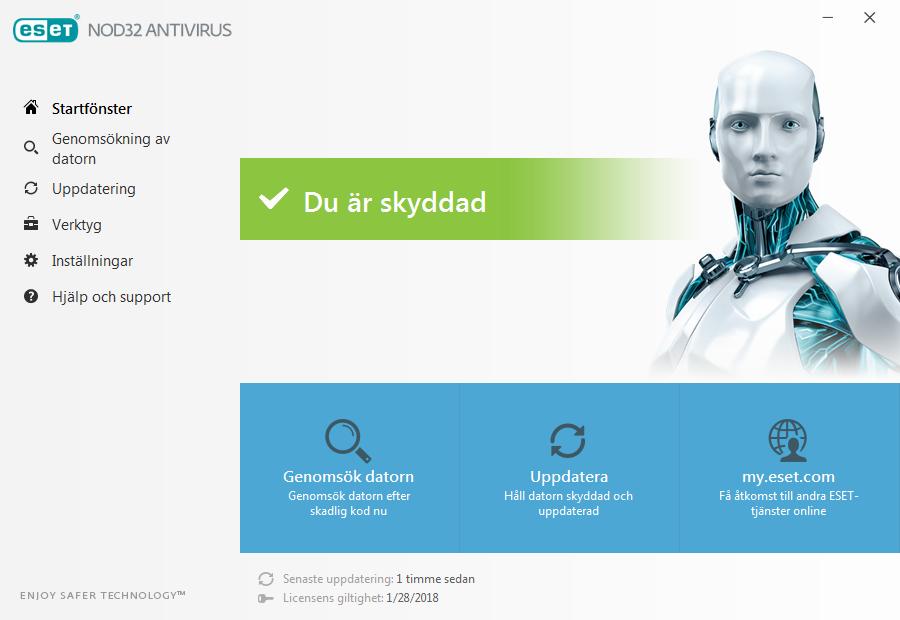 3. Nybörjarguide Detta kapitel ger en inledande översikt över ESET NOD32 Antivirus och grundinställningarna. 3.1 Programmets huvudfönster ESET NOD32 Antivirus huvudfönster är indelat i två huvuddelar.