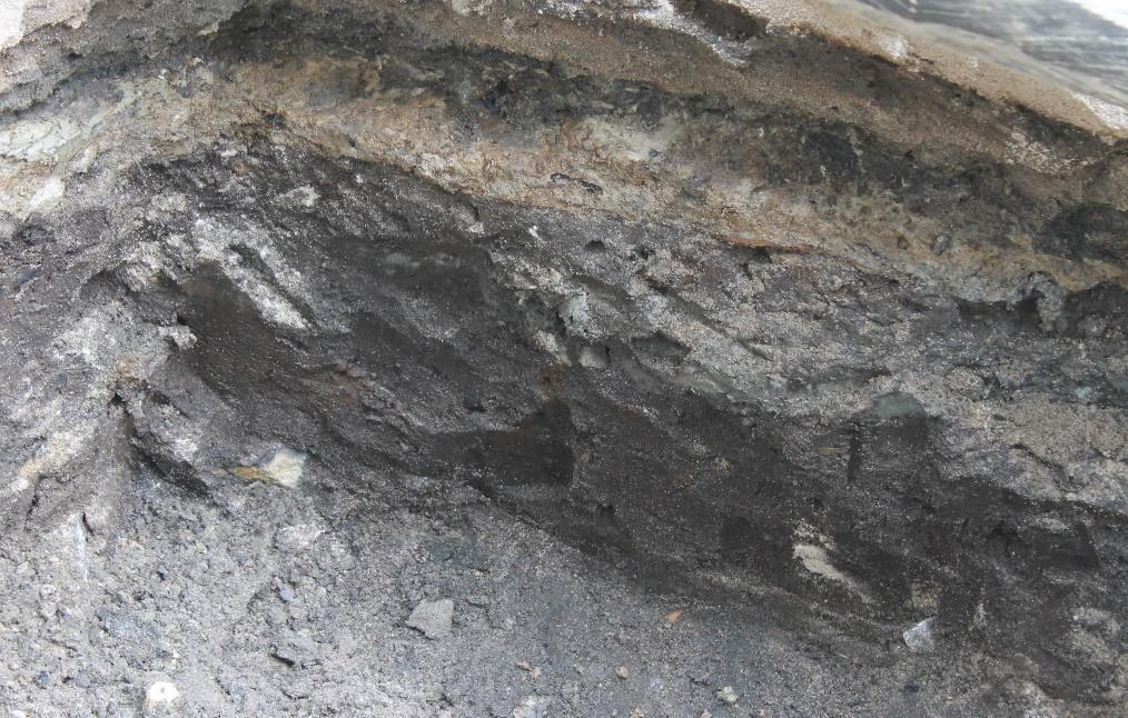 Figur 11. Den östra delen av den södra schaktväggen i schakt 2 i Liregatan. I botten fanns ett gödsligt lager (L1). Ovan detta fanns ett lerlager (L2).