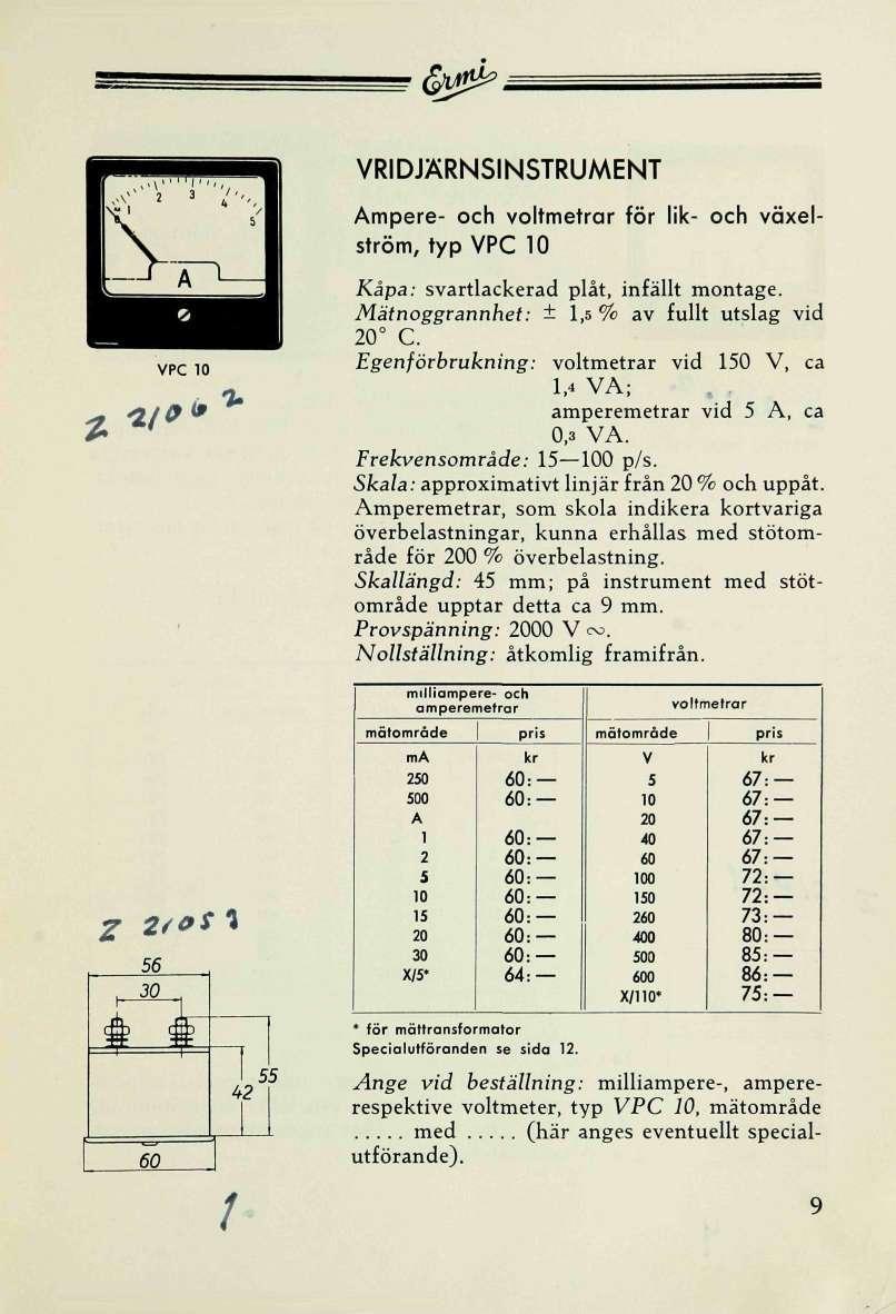 (Sw^. PC -2/** RIDJÄRNSINSTRUMENT mpere- och voltmetrar för lik- och växelström, typ PC Mätnoggrannhet: ± 1, % av fullt utslag vid C. Egenförbrukning: voltmetrar vid, ca U ; amperemetrar vid, ca 0,.