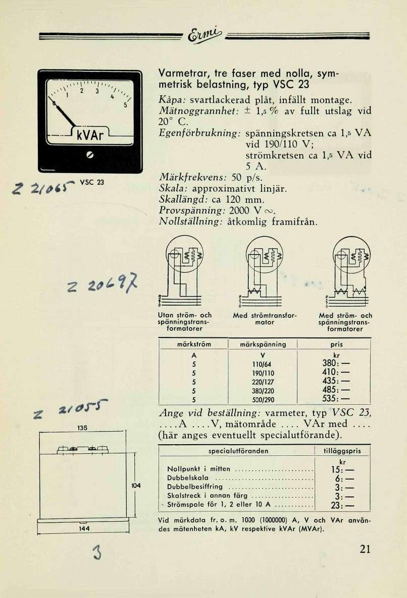 < w2^ -» SC 2 Z i/*** armetrar, tre faser med nolla, symmetrisk belastning, typ SC 2 Mätnoggrannhet: ± 1, % av fullt utslag vid C.