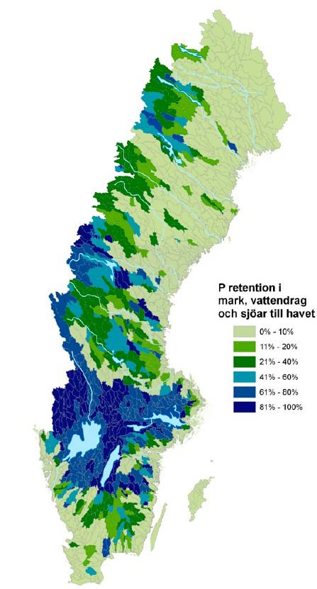 Figur 8. Fosforretention för samtliga källor i mark, vattendrag och sjöar (i %) från respektive PLC5-område till havet (från Brandt med fl., 2008).