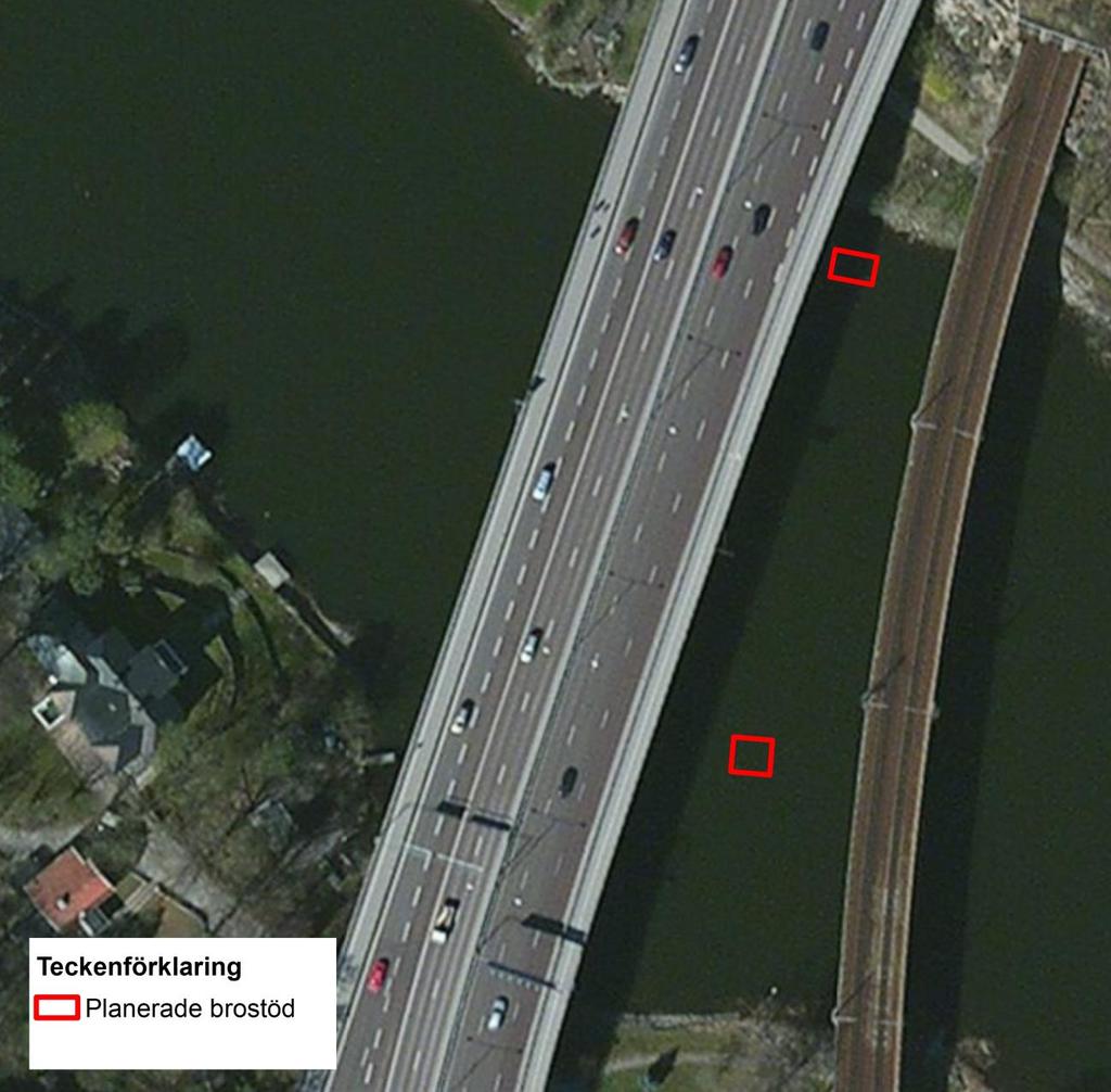 6 (12) Figur 2 Översiktsbild över Tpl Bergshamra och de två planerade brostöden till gång och cykelbron är markerade i rött. 3 Genomförande 3.