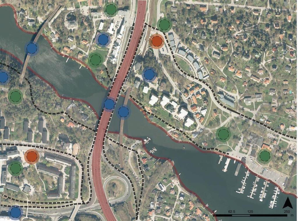11 (47) Cyklar man eller går längs med de lägre delarna av landskapet är stigarna delvis omslutna av vegetation och delvis öppna mot vattnet.