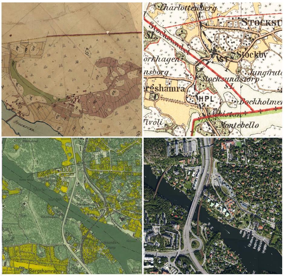 22 (47) Fig 12. Kartmatris. Överst till vänster syns Stockby gård med den gamla flottbron från 1719 på en karta från 1818.