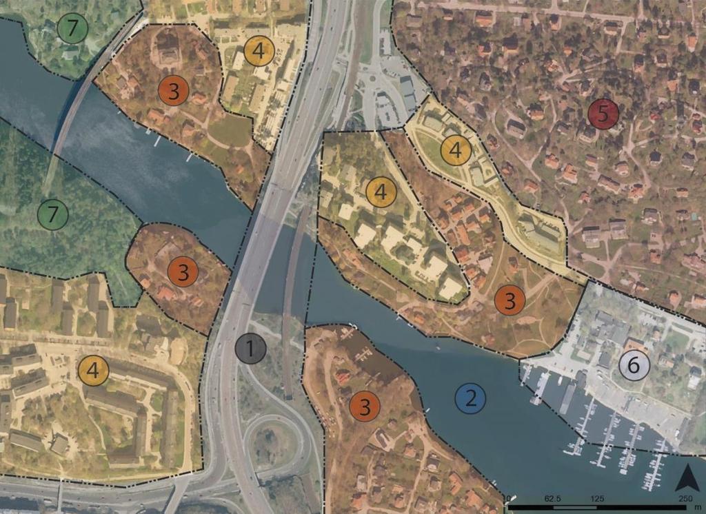 6 (47) Figur 2 Utredningsområdets sju karaktärsområden. 1.Storskalig infrastruktur 2. Öppet vattenrum 3. Villor med brokig karaktär 4.