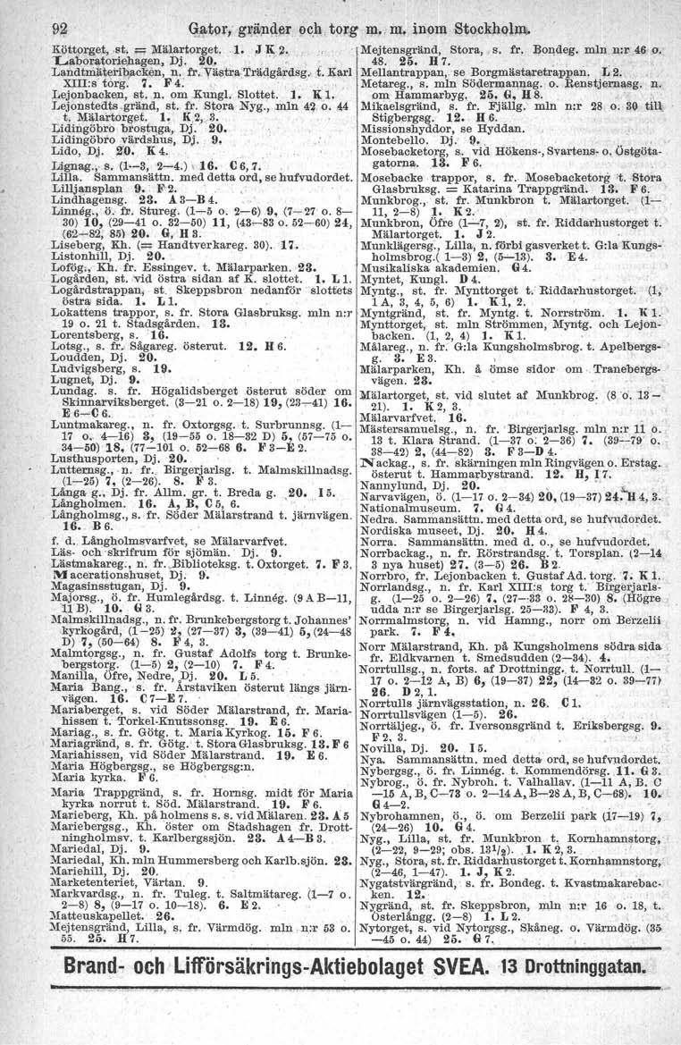 Natäonalmuseum. 9~ G...at9r,~gli~nqer oc.4,torg m" m. inom Btockholm, Köttorg,et,.st, ;=; Mälartorget.,l.,J Jl: ~. " Mejtensgränd, Stora, s. fr. Bondeg. mln, n:r 46 o.: Laboratorie.hagel)., Dj. 20.