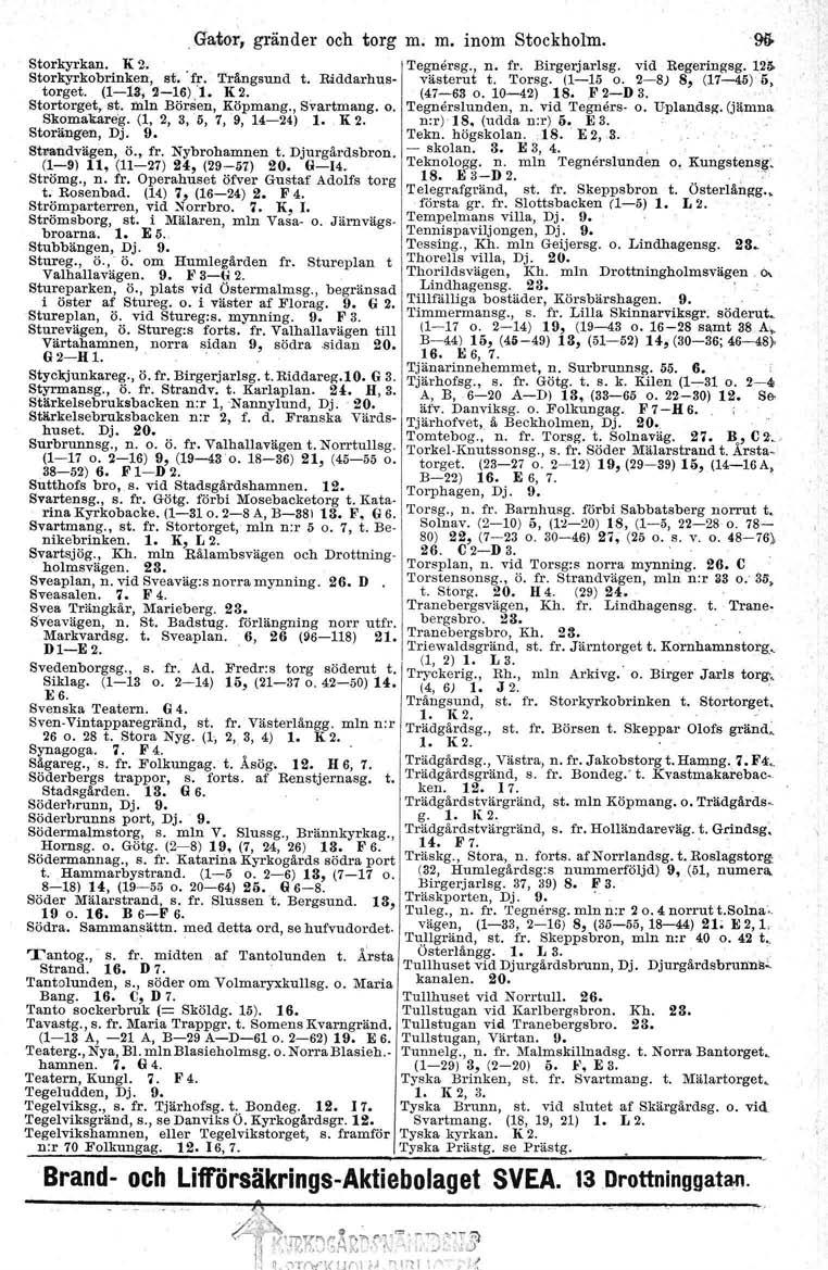 Gator, gränder och torg m; m. inom Stockholm. Storkyrkan. K 2. Storkyrkobrinken, st.' fr. 'l'rängsund t. Räddarhustorget. (1-13, 2-16) 1. K 2. Stortorget, s~. mln Böraen, Köpmang., Bvartmang. o. Skomakareg.