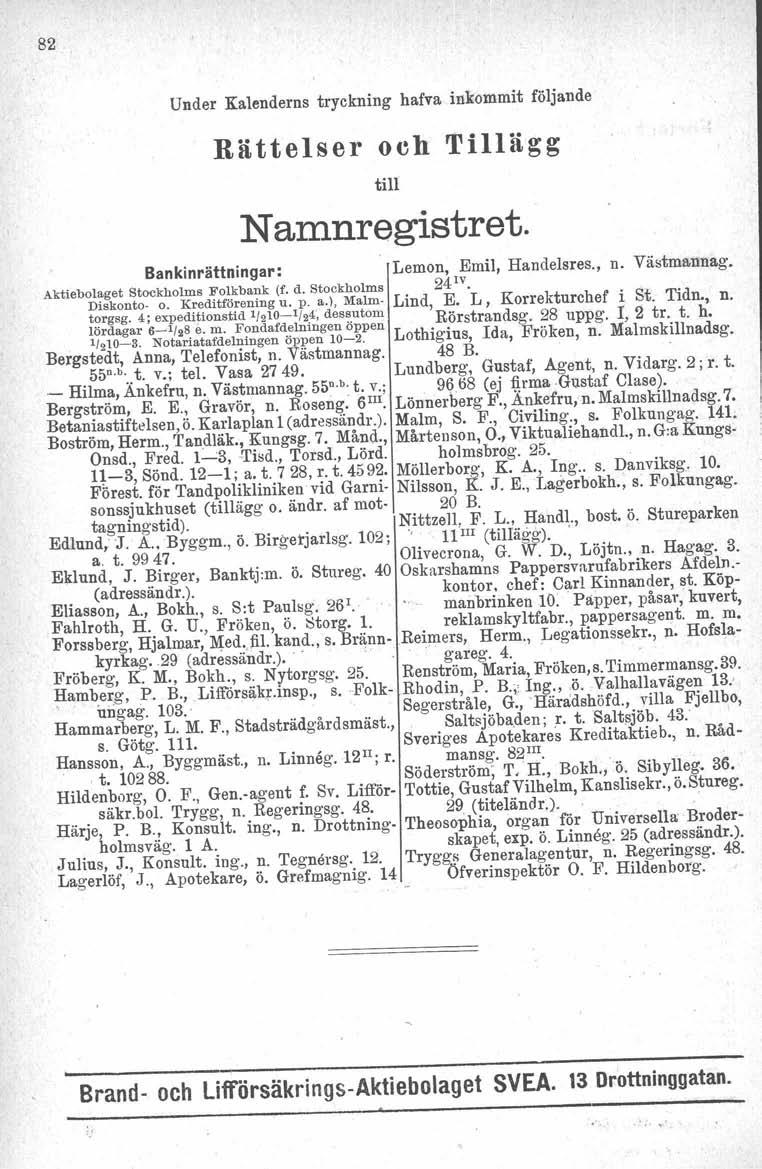 82 Under Kalenderns tryckning hafva inkommit följande Rättelser och Tillägg till Namnregistret. Bankinrättningar: Lemon, Emil, Handelsres., n. Västmannag. Aktiebolaget Stockholms Folkbank (f. d.