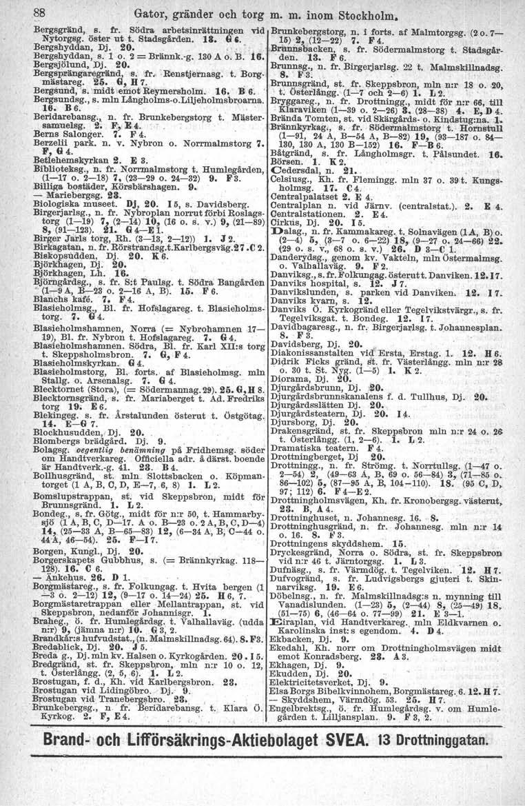 .88 Gator, gränder och torg m. m. inom Stoekholm, Bergsgränd, s. fr. Södra arbetsinrllttningen vid Brunkebergstorg, n. i forts. af Malmtorgsg. (2o. 7- Nytorgsg. öste~ ut t. Stadsgärden. U. Ii 5.. ~5).