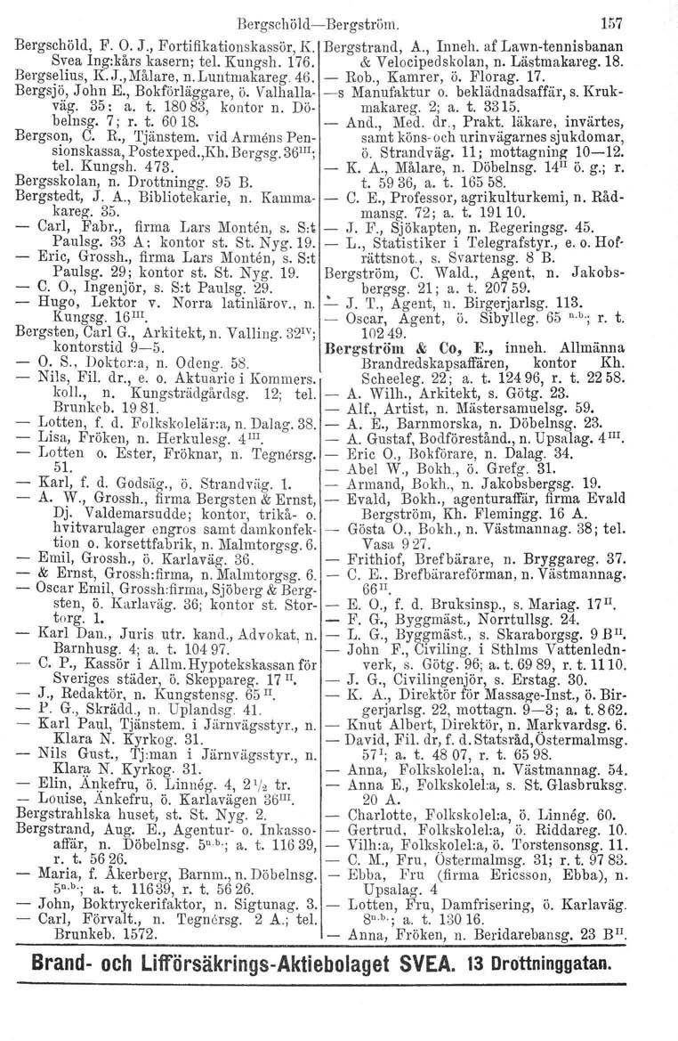 Bergscliöld-s-Bergströrn. 157 Bergschöld, F. O. J., Fortifikationskassör, K. Bergstrand, A., Inneh. af Lawn-tennisbanan Svea Ing:kårs kasern; tel. Kungsh. 176. & Velocipedskolan, n. Lästmakareg. 18.