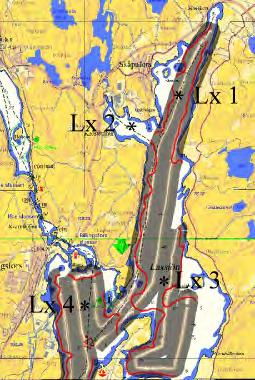 9 Sedimentförhållanden Bottendynamik Figur 7 A Bottendynamisk karta för de centrala och norra delarna av Laxsjön med sedimentprovtagningsstationerna Lx