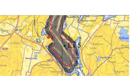 Mer detaljerad karta finns i CD-bilagan. Figur 7 B Bottendynamisk karta för den södra delen av Laxsjön med sedimentprovtagningsstationen Lx 5 inlagd.