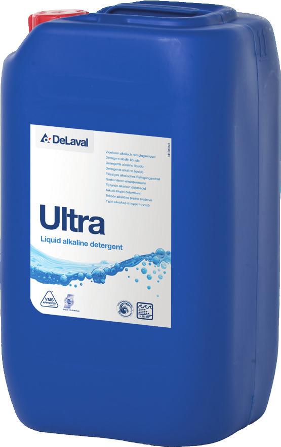 desinficerar samtidigt. Ultra är det effektivaste alkaliska diskmedlet i bland DeLaval flytande diskmedel.