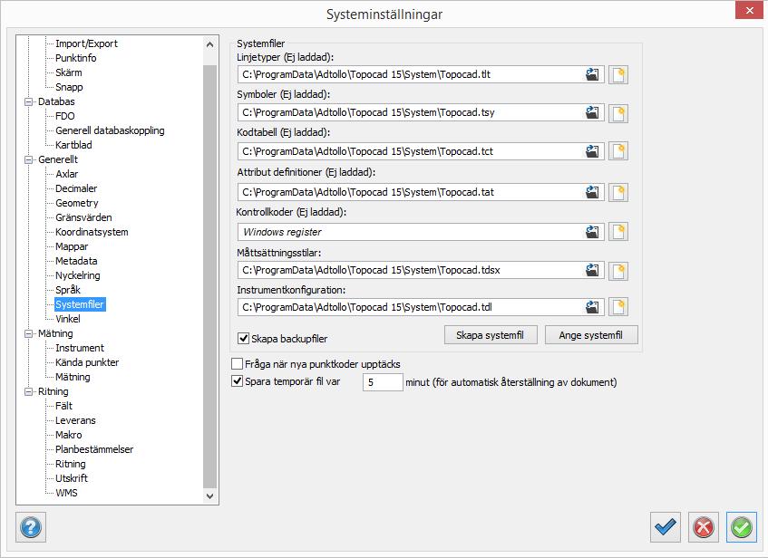 2 Systemfiler Det finns fyra huvudsakliga systemfiler i Topocad. Det är en fil som innehåller linjetyper, en fil för symboler, en fil för kodtabell och en fil för attribut.