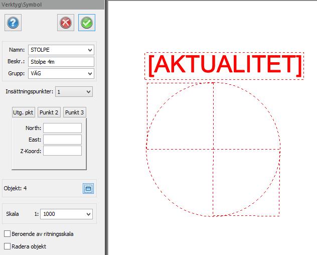4 Symboler Symboler kan skapas genom att man ritar symbolen i ritningen och definierar den som symbol. Symbolen kan bestå av linjer, cirklar, radier, texter, attribut, rasterbilder.