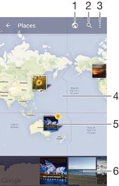 1 Visa geotaggade foton i jordglobsvyn 2 Sök efter en plats på kartan 3 Visa menyalternativ 4 Tryck till två gånger för att zooma in. Knip ihop fingrarna för att zooma ut.