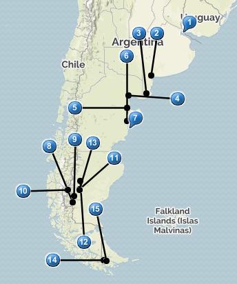 1. BA / Costanera Sur 2. Bahia Blanca 3. Bahia Blanca - Las Grutas 4. Las Grutas 5. Las Grutas - Trelew 6. Trelew 7.