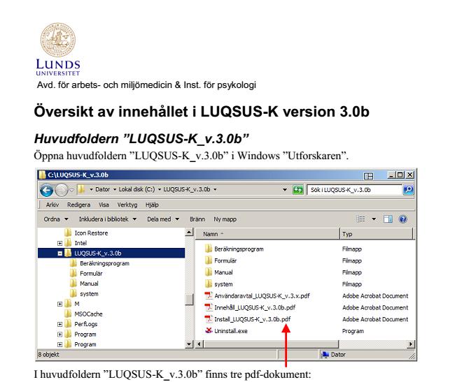 När din pdf-läsare har startat ser du följande dokument som ger dig en vägledning i LUQSUS-katalogens struktur: Vi ber dig ägna några minuter åt att läsa detta dokument eftersom det kommer att