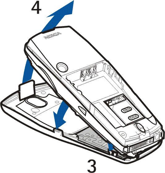 4. När du vill sätta tillbaka skalet placerar du först hakarna på den nedre delen av skalet i motsvarande hål på telefonen (3) och trycker sedan försiktigt haken på skalets ovansida genom